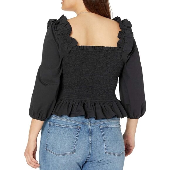 Womens Smocked Peplum Top With Ruffle Trim & 3/4 Sleeves - Black - Picture 3 of 5